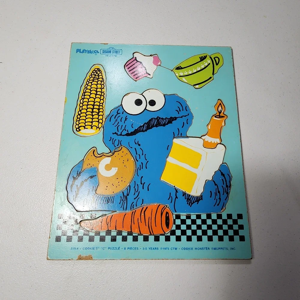 Vintage 1973 Playskool Sesame Street Cookie Monster C Wood Tray Puzzle 315-4